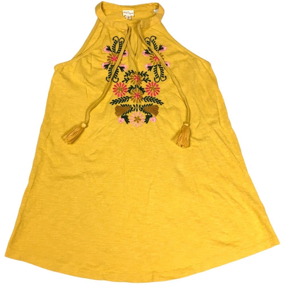 Keep In Touch Tank Top Yellow Embroidered Tassel Tie Neck NEW Women's S Cotton‎